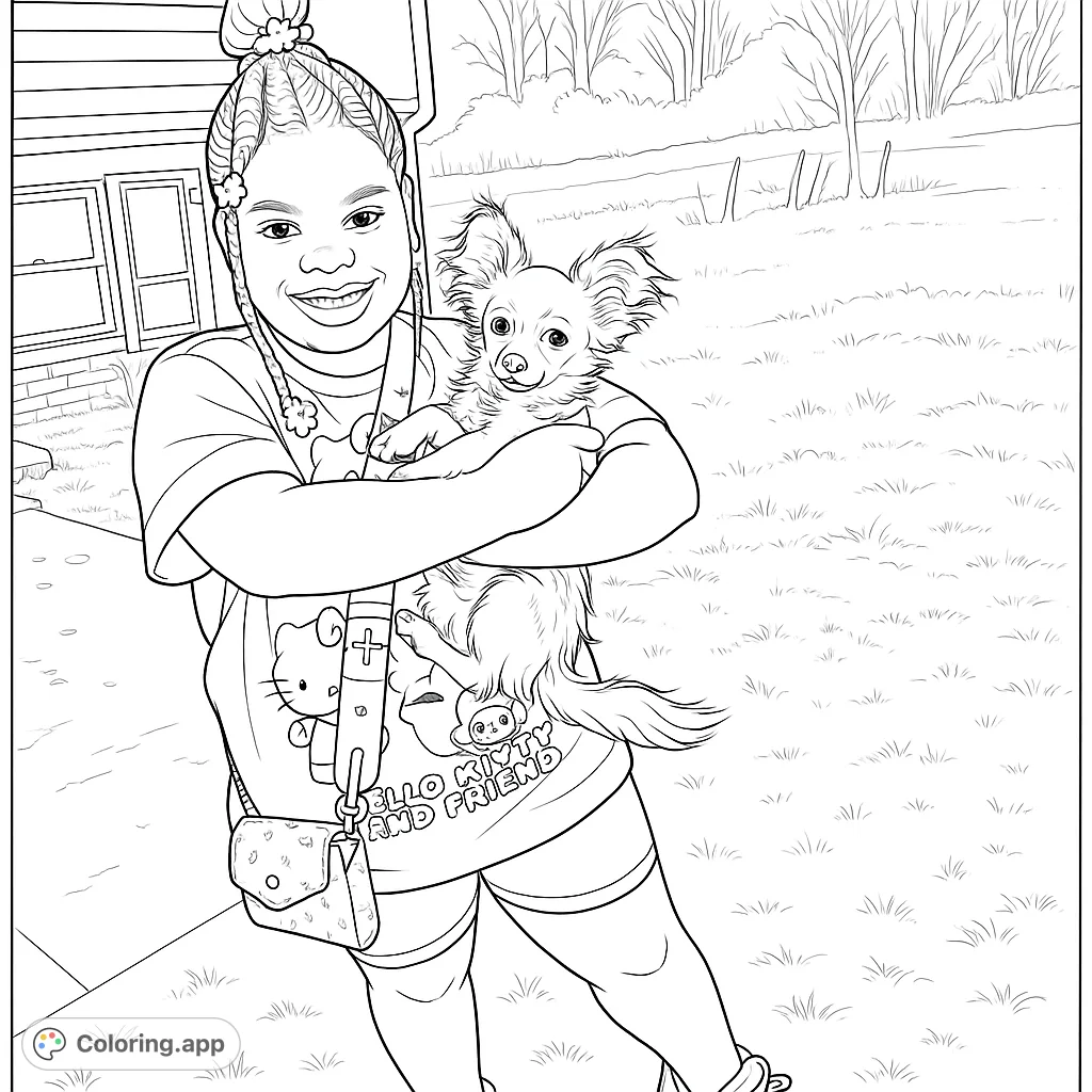 A joyful girl embraces her fluffy dog in this charming outdoor scene. Perfect for kids and pet lovers to color and bring to life.