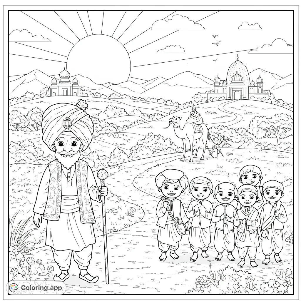 A vibrant Indian village scene featuring an elder, children, and a camel, set against rolling hills and traditional architecture, perfect for cultural exploration.