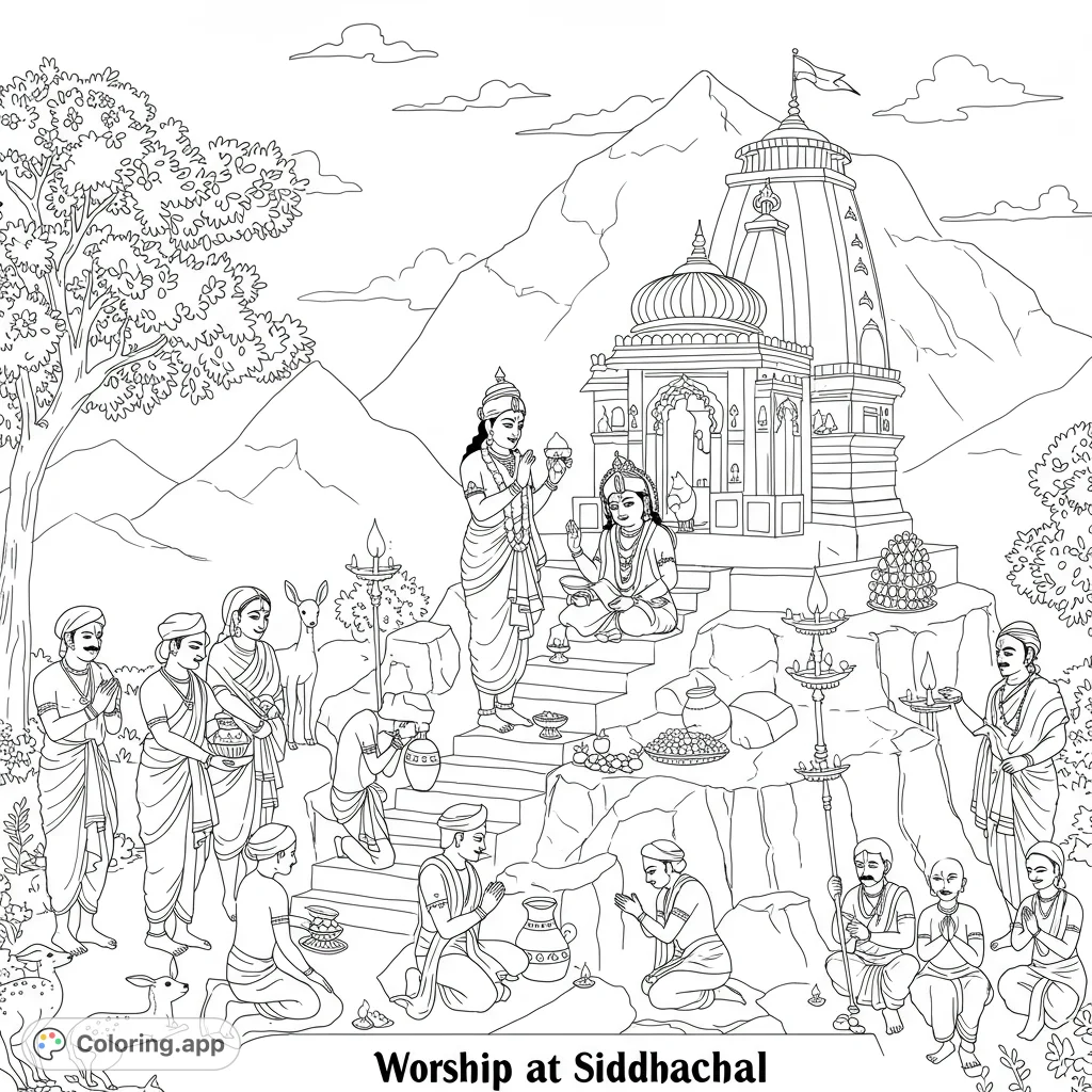 A serene spiritual gathering at a mountain temple, featuring devotees, deities, and traditional offerings amidst a natural landscape. Perfect for mindful coloring.