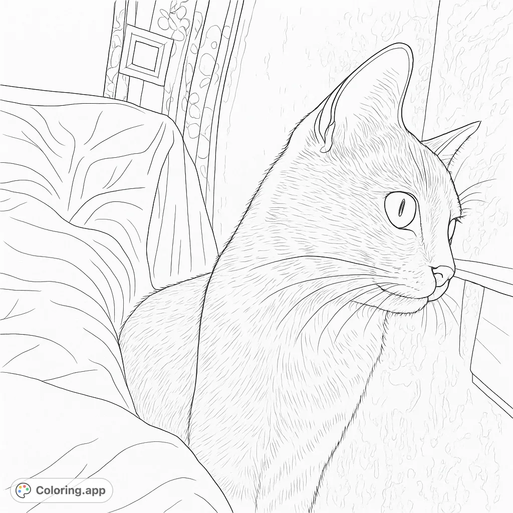 A curious cat gazes out a window, featuring intricate fur details and a cozy indoor setting. A charming free printable cat coloring page.