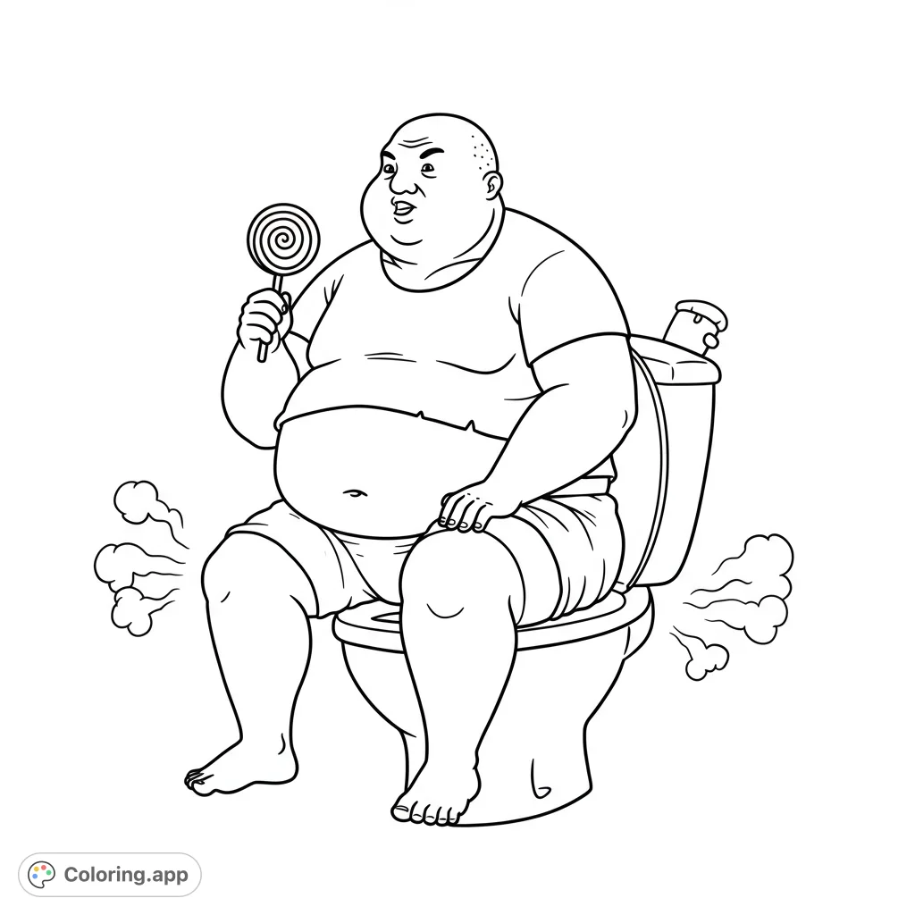A humorous coloring page featuring an overweight man sitting on a toilet, holding a lollipop, with comical 'fart' clouds for a funny, free printable experience.