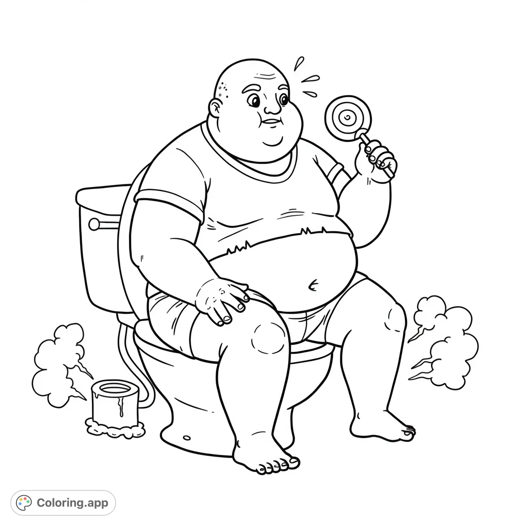 A humorous free printable coloring page featuring a large man on a toilet with a lollipop, perfect for a funny coloring page experience.