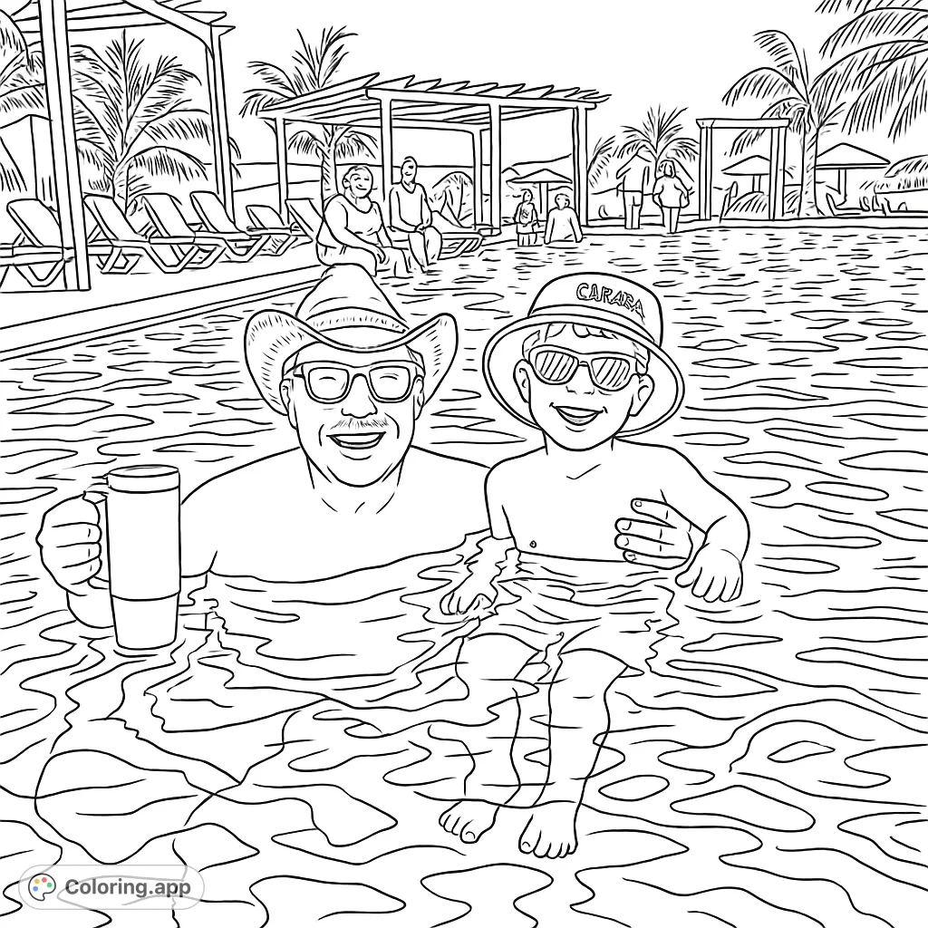 A joyful father and son enjoy a tropical pool day, surrounded by resort details. A free printable summer coloring page for all ages.