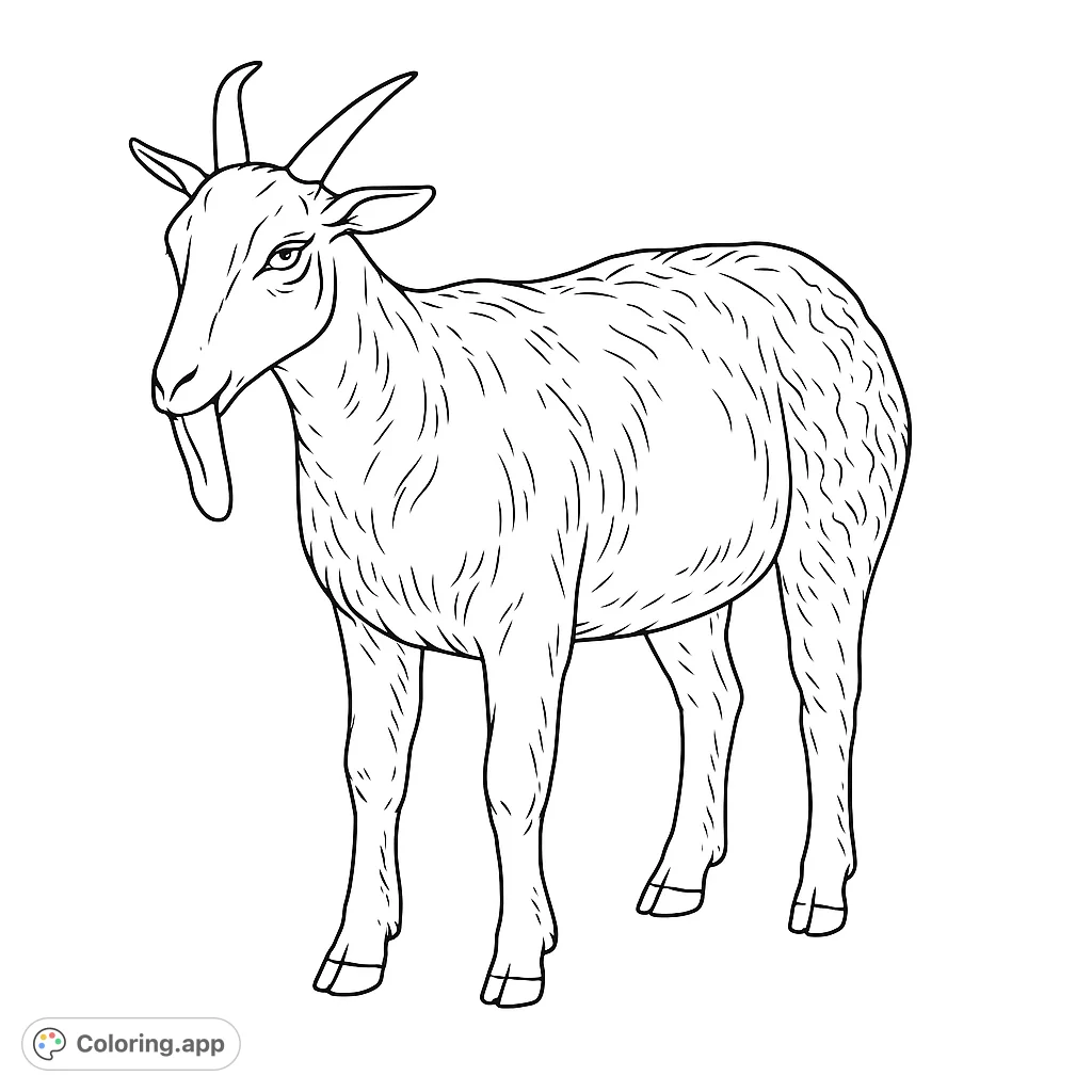 A detailed black and white line drawing of a majestic standing goat, perfect for a free printable goat coloring page for kids and adults.