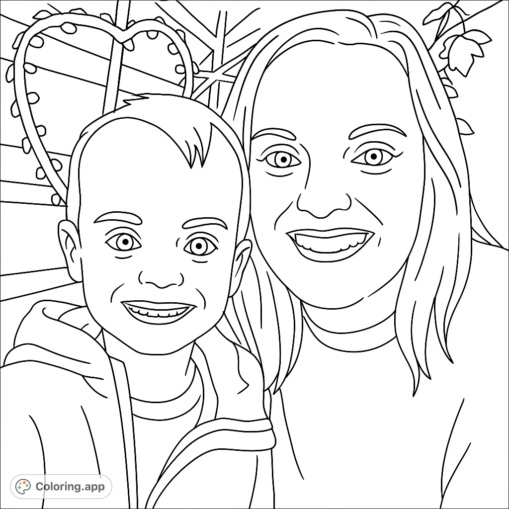A heartwarming family portrait coloring page featuring a smiling mother and child, perfect for celebrating love and connection. Free printable for all ages.
