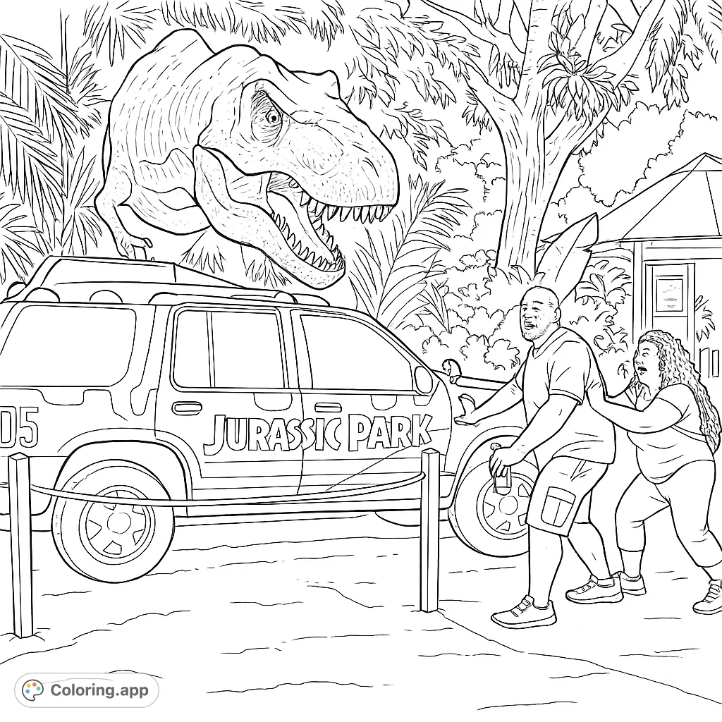 Experience a thrilling dinosaur attack! A T-Rex lunges from a Jurassic Park SUV as two people flee in a dense jungle.