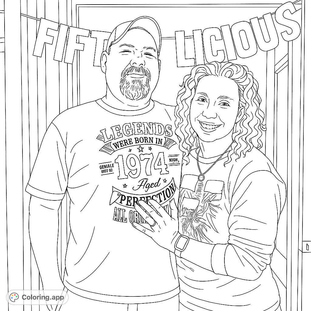 Celebrate a special milestone with this portrait of a joyful couple. Perfect for personalizing and gifting, a free printable celebration coloring page.