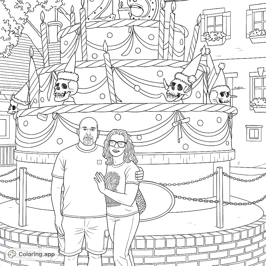 A couple stands before a giant birthday cake adorned with candles, ribbons, and whimsical skull party-goers, set against a festive town backdrop.