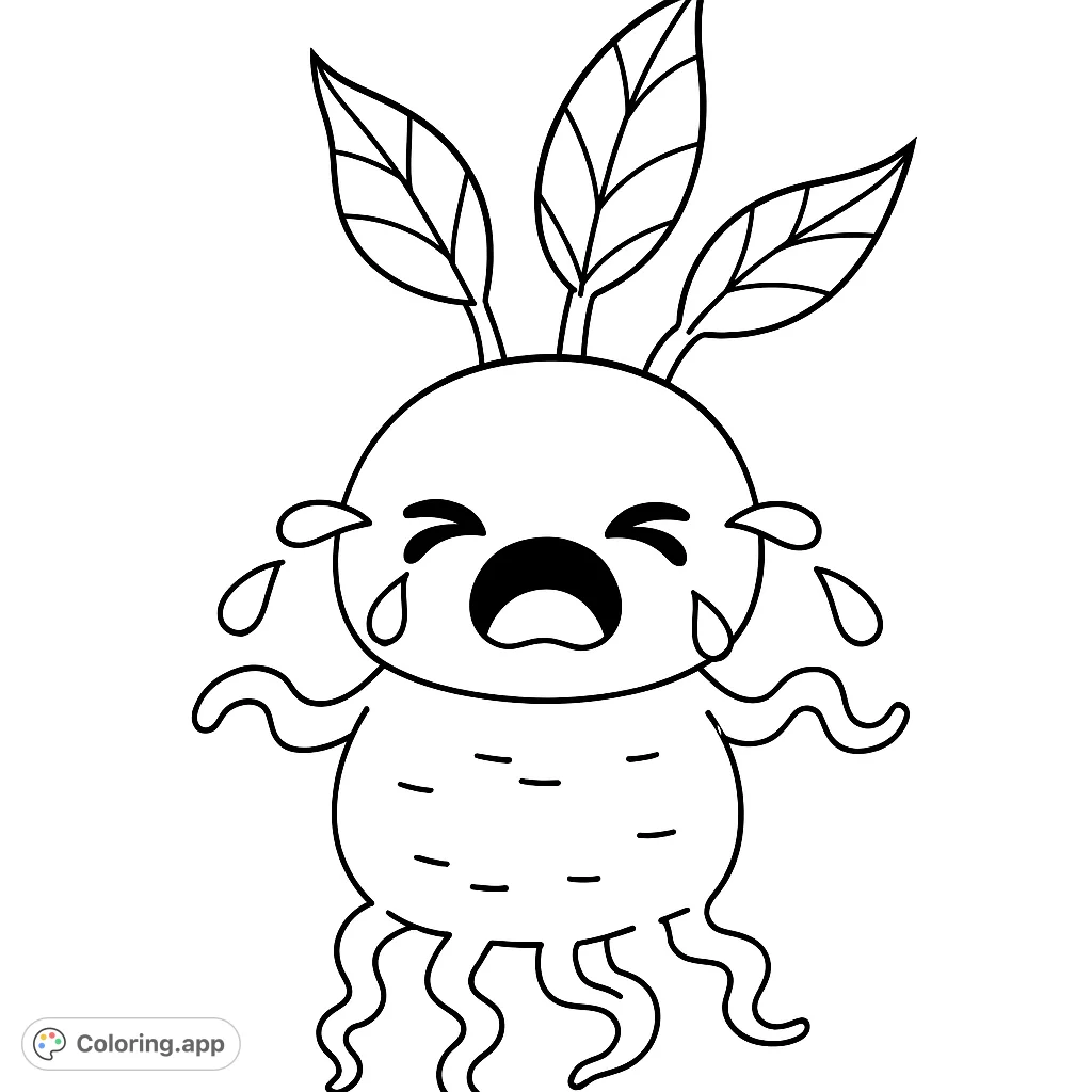 A whimsical crying mandrake creature coloring page, perfect for expressing emotions. Features a cute, round body, leafy top, and wavy roots.