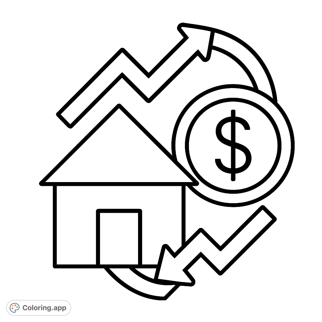 Explore real estate market trends with this clear, free printable coloring page featuring a house, dollar coin, and trend arrows. Perfect for learning!