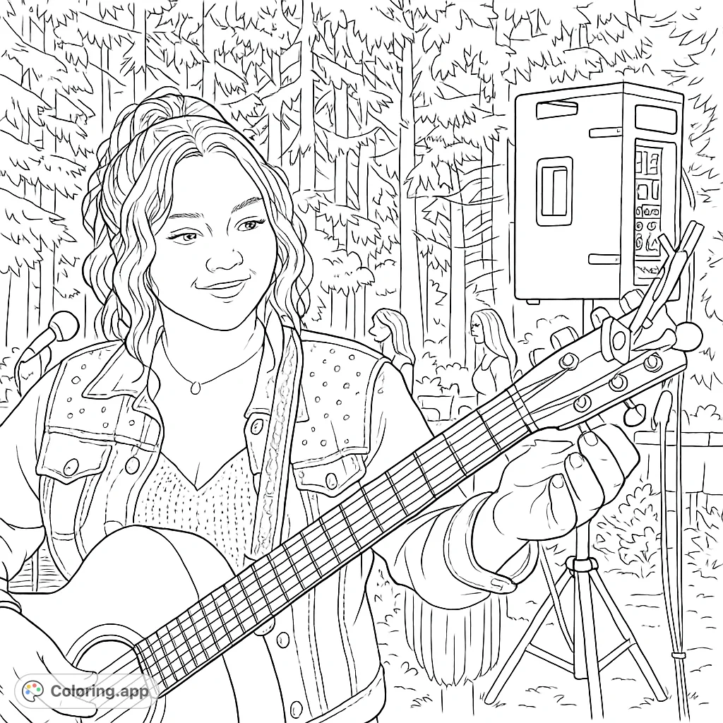 Capture the joy of music with this free printable acoustic guitarist coloring page. A young woman performs outdoors, surrounded by nature and sound equipment.