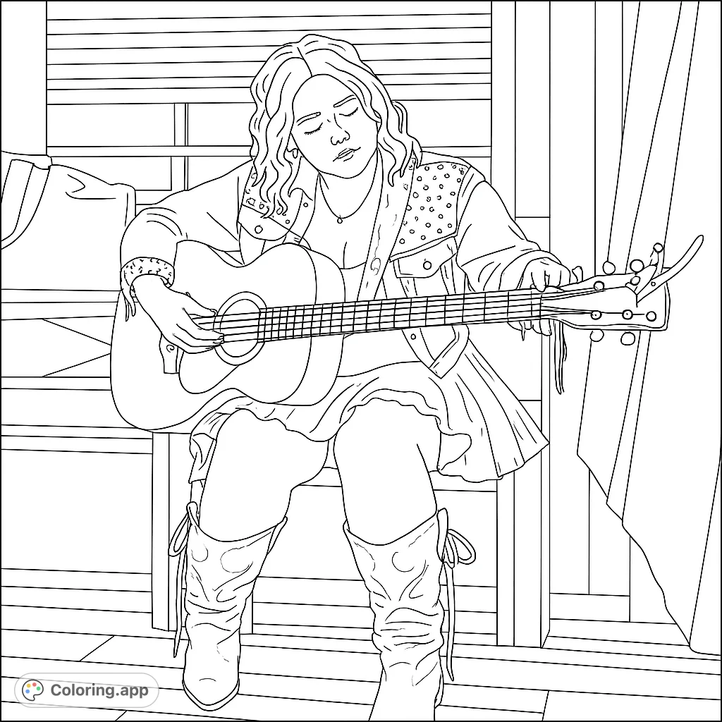 Country singer playing guitar in white dress and boots. A fun coloring page for music lovers and fashionistas!