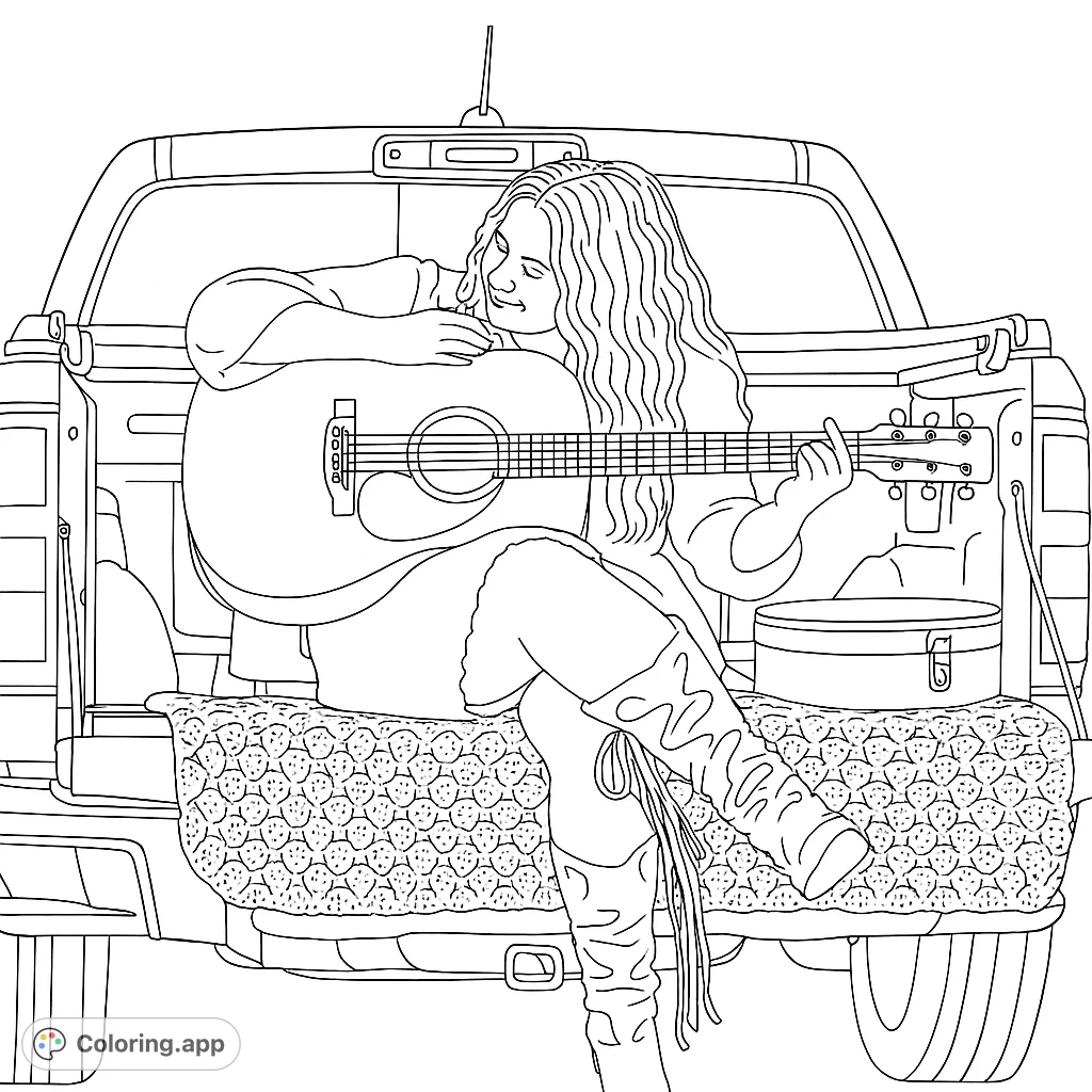 A country girl sits on a truck bed playing guitar in this coloring page. This drawing is great for older kids and adults who love music.