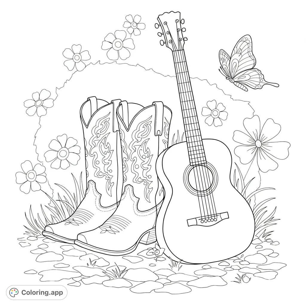 A charming country scene featuring cowboy boots, an acoustic guitar, wildflowers, and a butterfly. Perfect for a relaxing coloring experience.