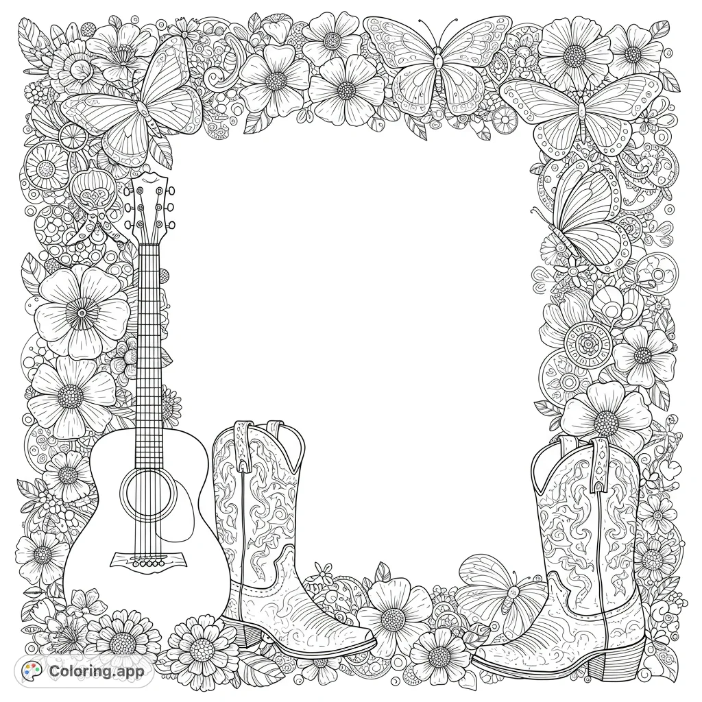 A detailed country floral frame coloring page featuring an acoustic guitar, cowboy boots, and intricate butterflies amidst blooming flowers.