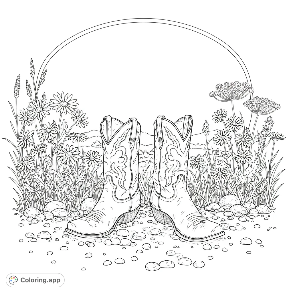 A charming countryside boots coloring page featuring detailed cowboy boots amidst wildflowers and pebbles, framed by an arch. Perfect for nature and western fans.