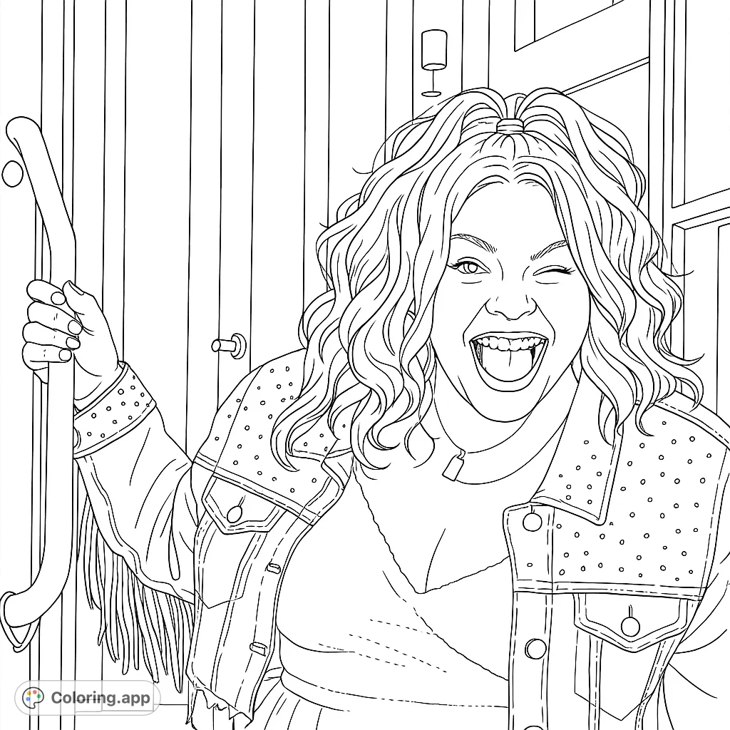 A vibrant, expressive portrait of a joyful woman winking and laughing, perfect for a free printable coloring page. Features a stylish fringed jacket.