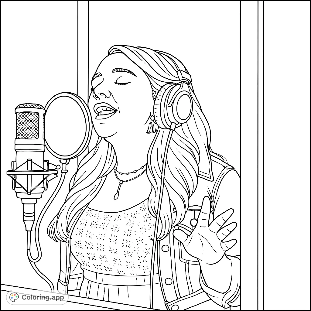 Capture the emotion of a singer in a recording studio. This music-themed coloring page features a vocalist with headphones and microphone, ready for your creative touch.
