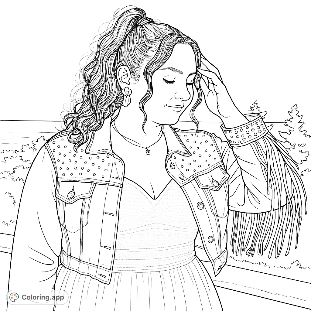 A serene woman in a studded denim jacket and fringed sleeve, with wavy hair in a ponytail, captured in a contemplative pose. Perfect for relaxation.