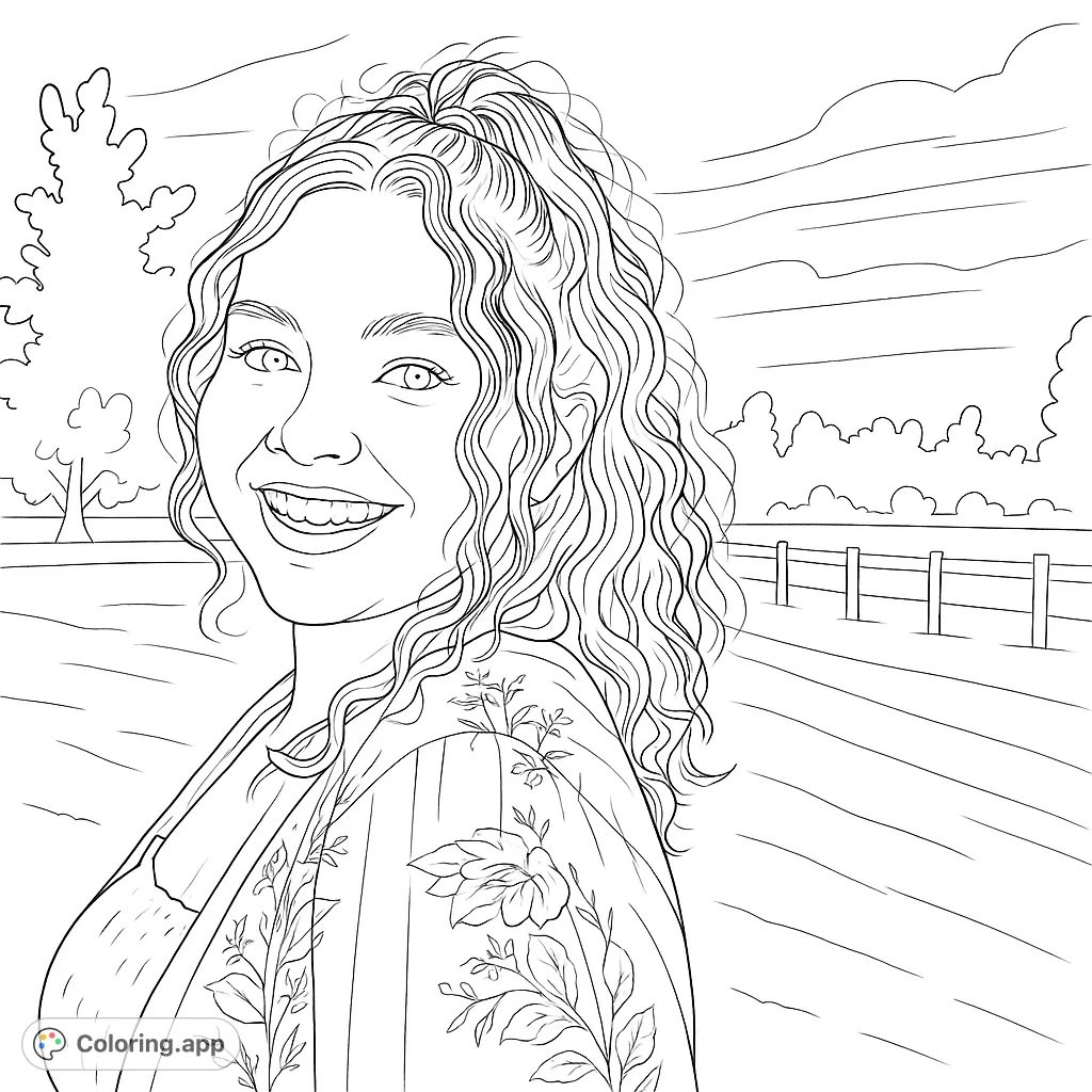 A joyful portrait coloring page featuring a smiling woman with beautiful curly hair and a floral top, set in a serene outdoor landscape.