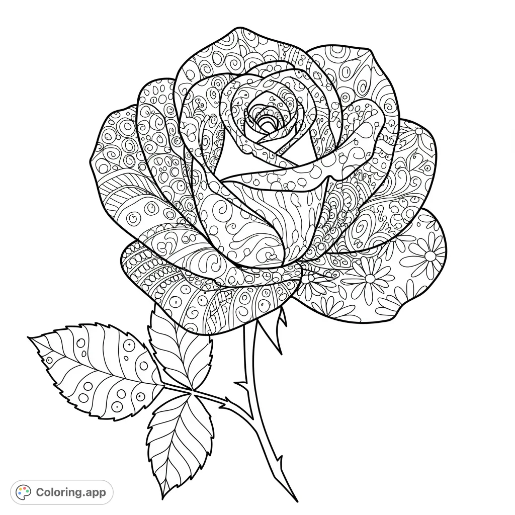 A beautiful rose coloring page with multiple patterns. This black and white line art is perfect for kids and adults to enjoy.