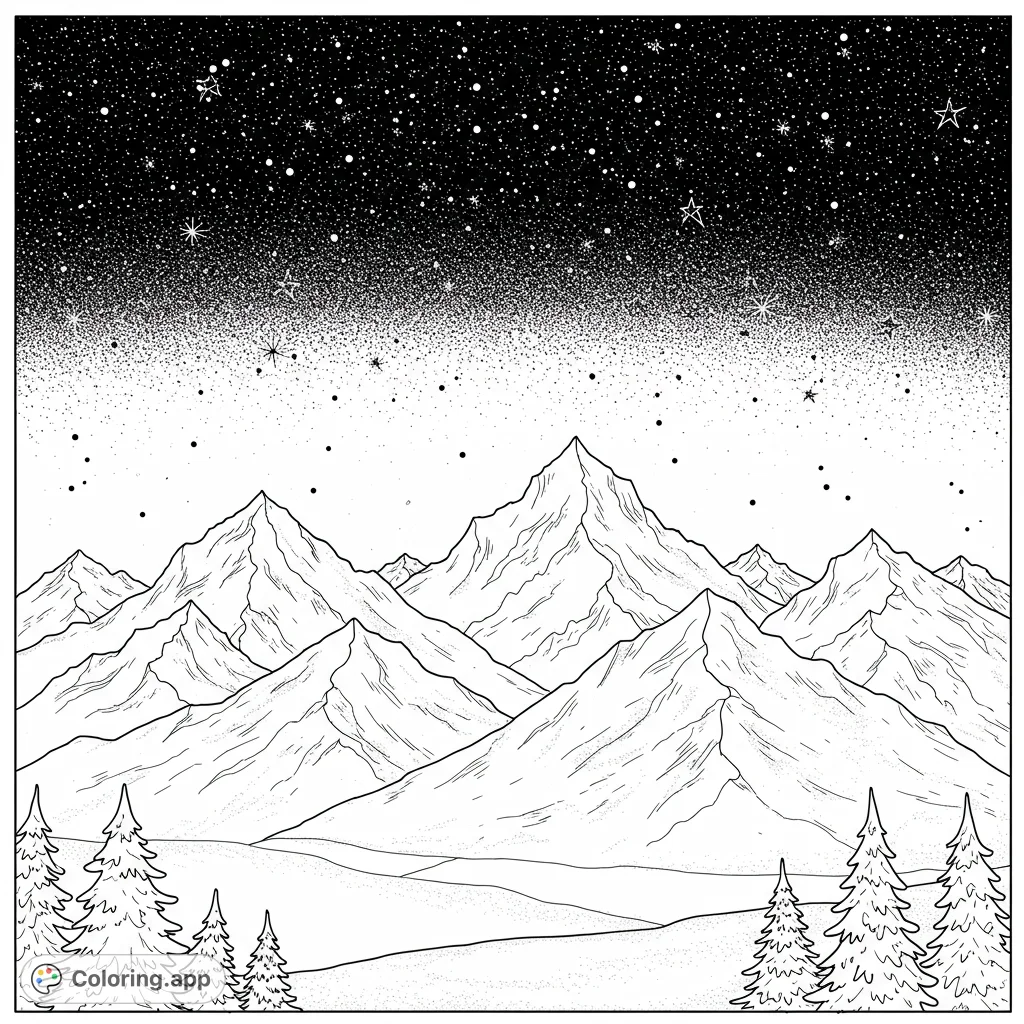 A majestic mountain range under a vast, starry night sky with evergreen trees. A serene nature scene for peaceful coloring.