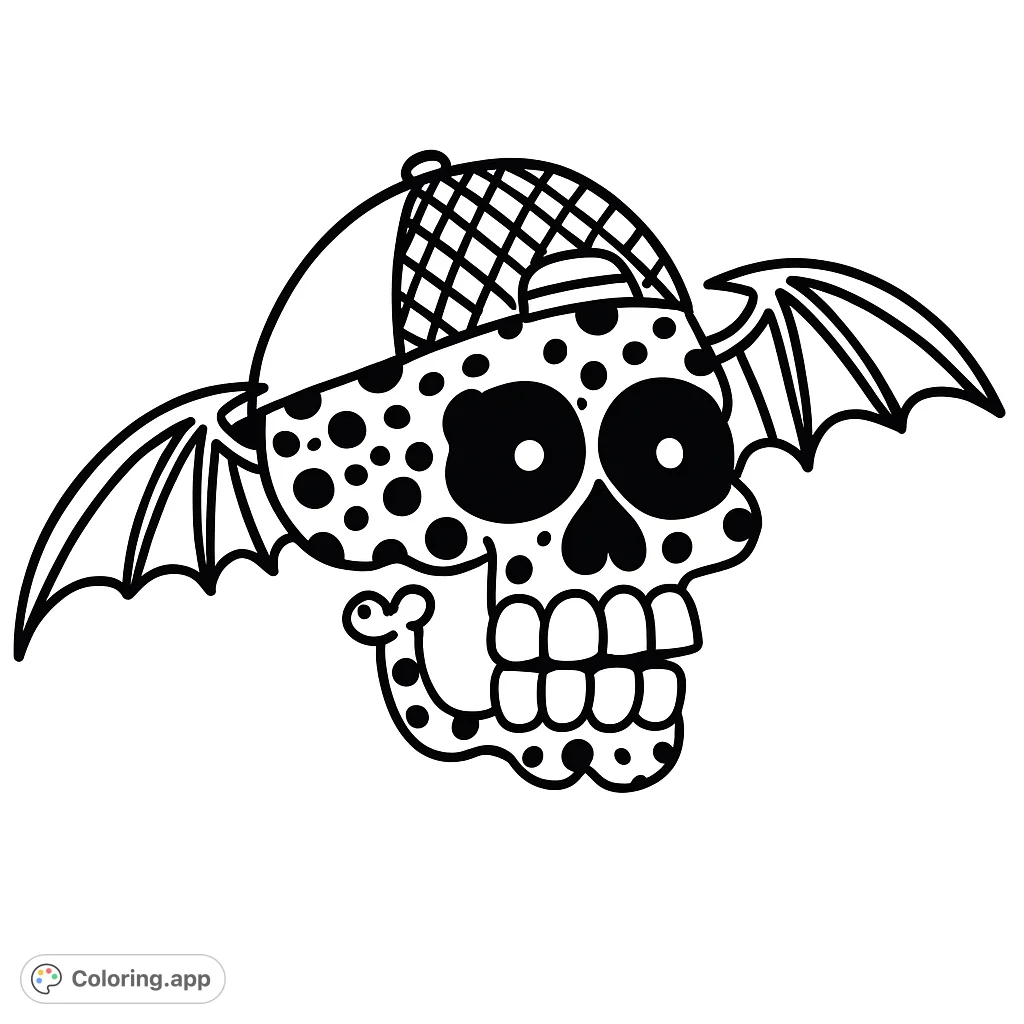 A fun, free printable skull coloring page featuring a cartoon skull with bat wings, a baseball cap, and playful polka dots. Perfect for unique coloring fun!