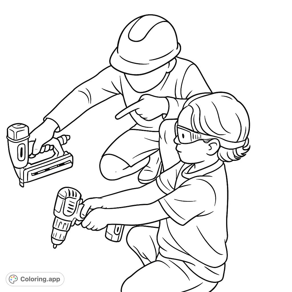 An adult and child building together with tools and safety gear, perfect for a construction-themed coloring page. A free printable activity.