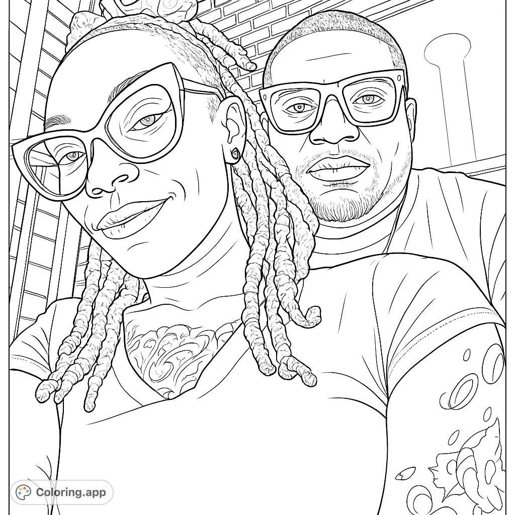 A stylish modern couple, one with dreadlocks and cat-eye glasses, the other with a beard and glasses, captured in a close-up portrait.