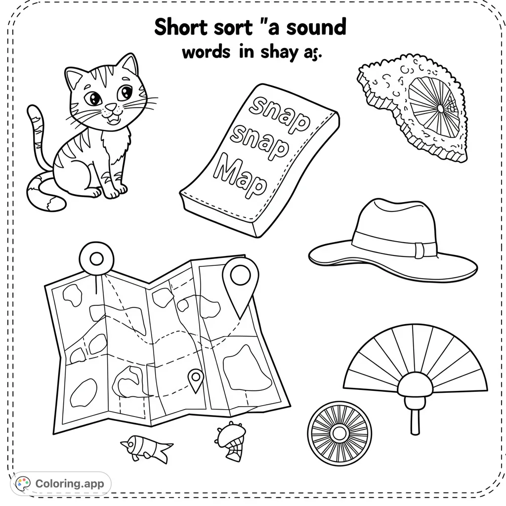 A delightful collection of everyday objects including a cat, map, hat, and more, perfect for a fun coloring adventure.