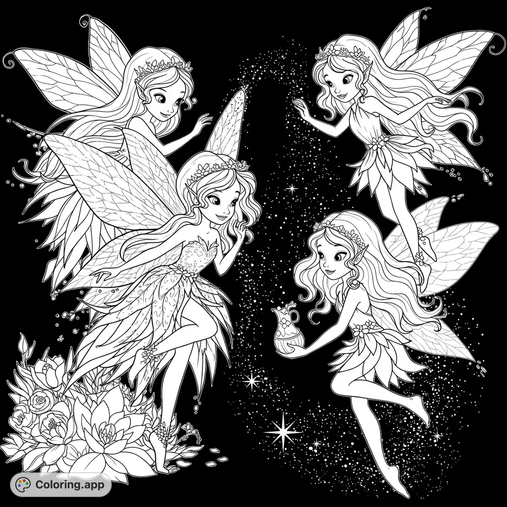 Four enchanting fairies with delicate wings and flowing hair, surrounded by sparkling magic and floral elements, ready for a magical coloring adventure.
