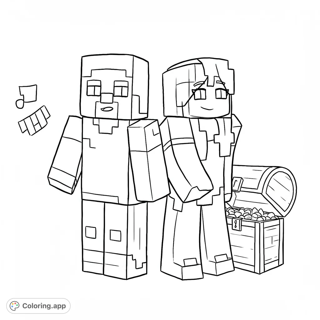 Explore a blocky world with two iconic adventurers and their treasure chest. A free printable Minecraft coloring page for fans of all ages.