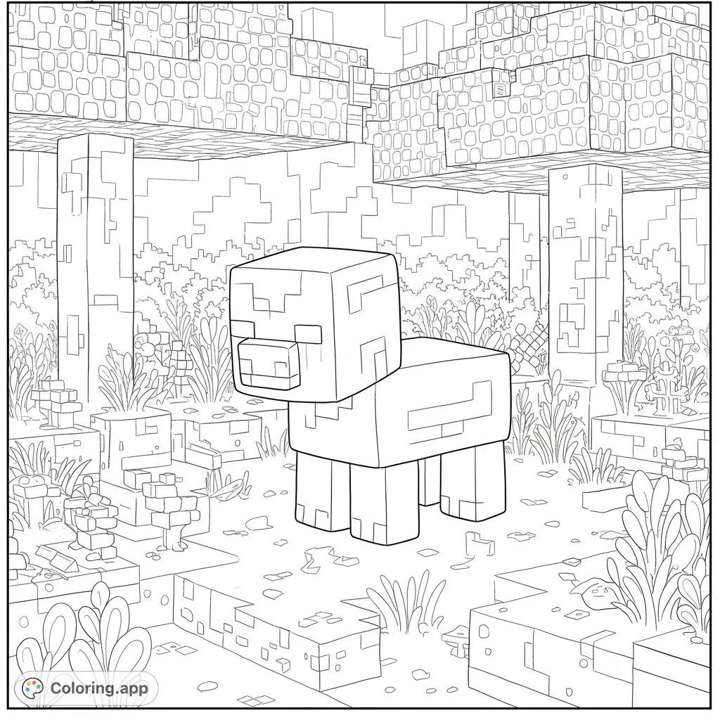 Dive into a blocky adventure! A charming pixelated pig awaits your colors amidst a detailed, block-filled landscape.