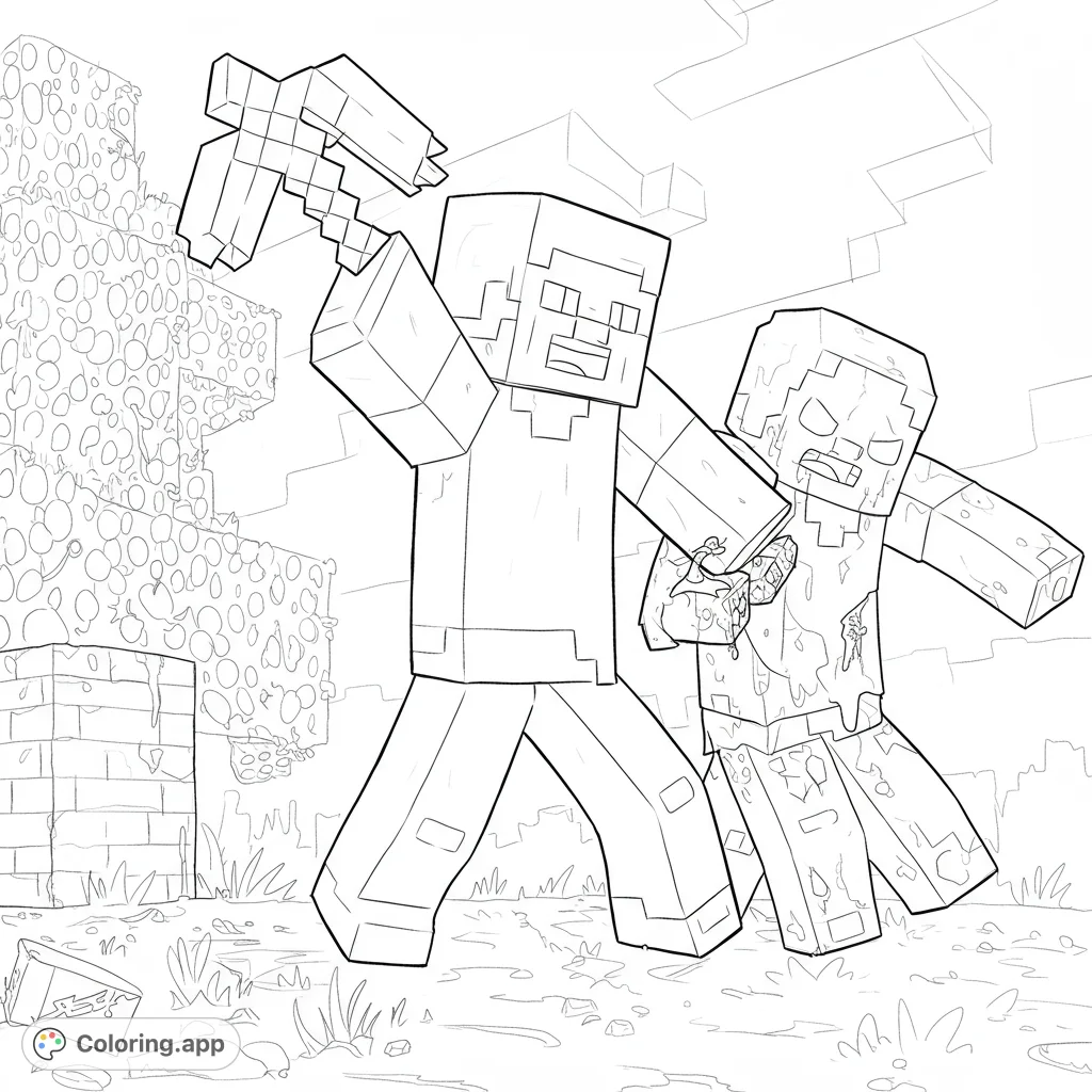 Epic Minecraft Steve vs Zombie battle! A free printable blocky adventure coloring page for kids and adults, perfect for fans of the game.