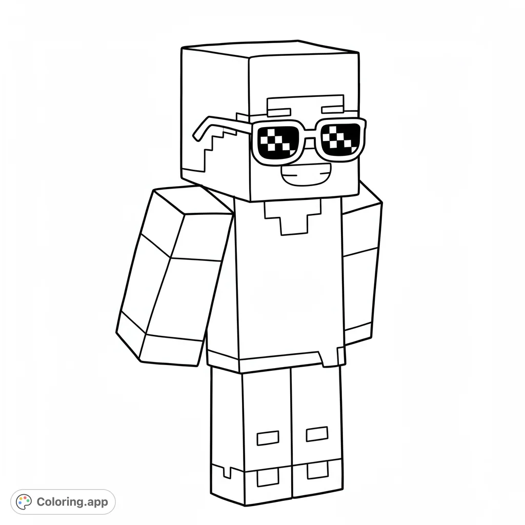 A cool pixelated character with stylish sunglasses, perfect for a fun and blocky coloring adventure. Free printable pixel character coloring page.