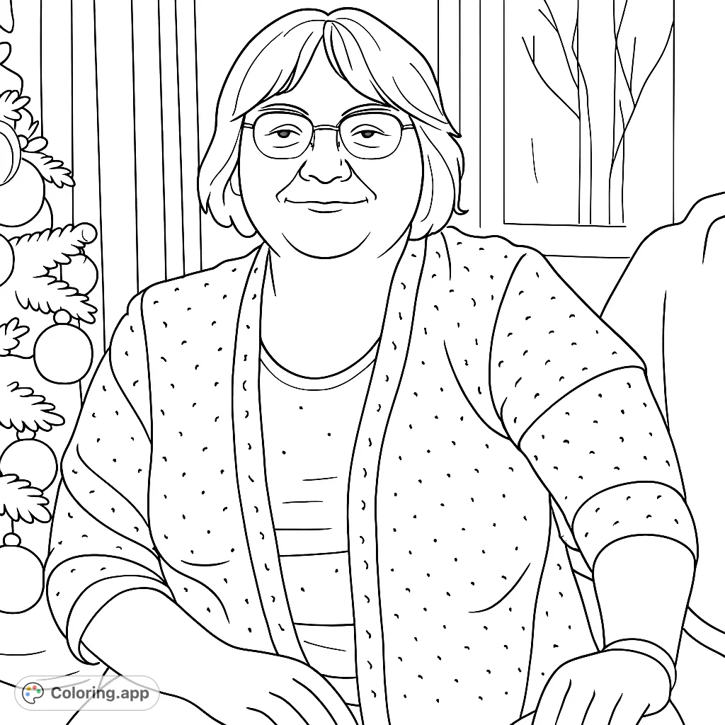 A heartwarming free printable coloring page featuring a smiling woman by a festive Christmas tree, perfect for holiday cheer and relaxing coloring sessions.