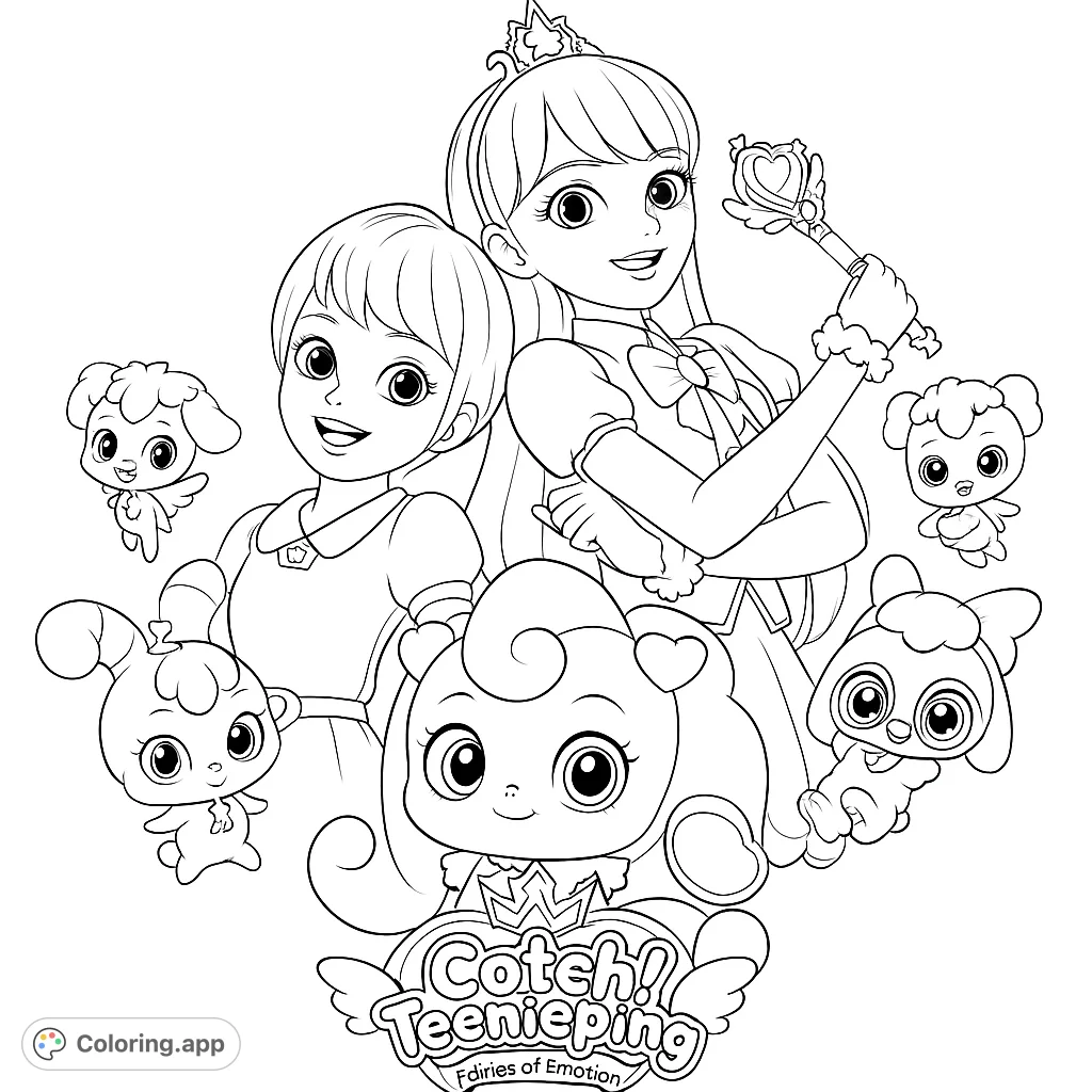 A delightful magical friends coloring page featuring two cheerful girls and five adorable fantasy creatures, perfect for imaginative fun.