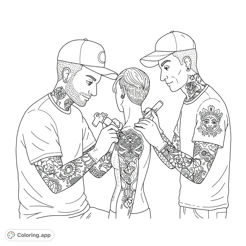 Intricate tattoo session coloring page featuring two artists meticulously working on a client's detailed back and arm tattoos. Free printable coloring page.