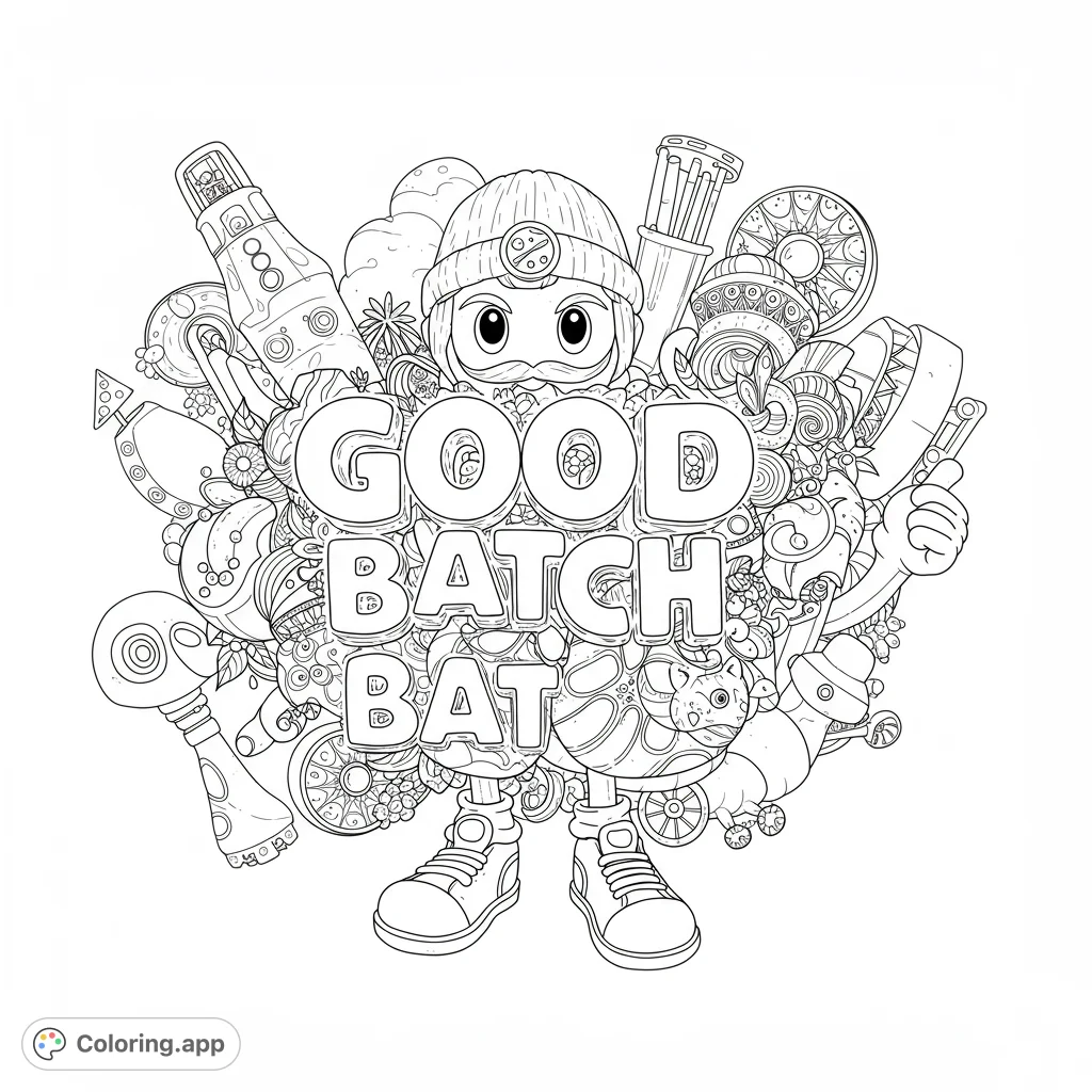 A quirky character with a blocky body and beanie hat, surrounded by an intricate doodle world. A fun, detailed free printable coloring page for all ages.