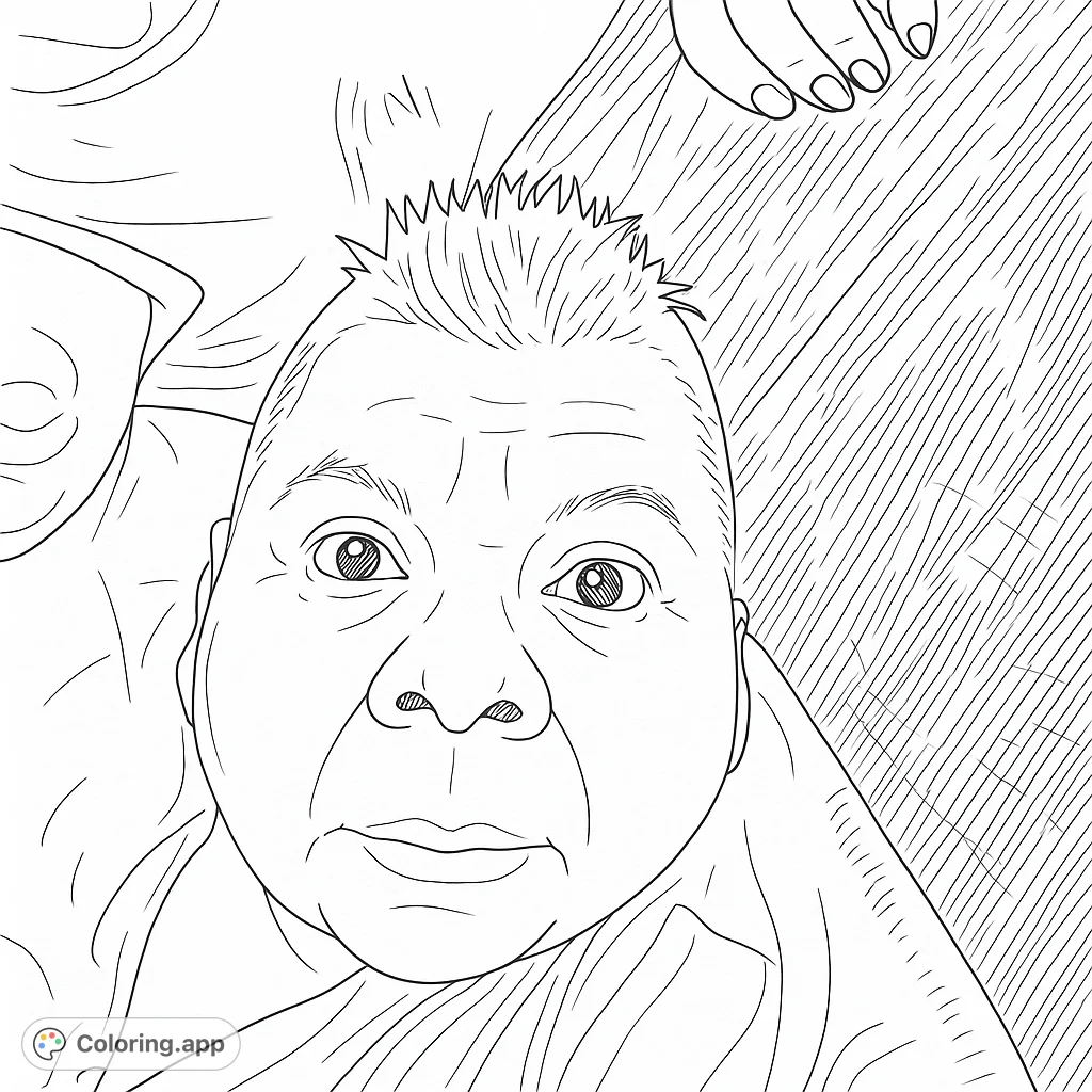 A curious face close-up with spiky hair and expressive eyes, perfect for a unique portrait coloring page. Free printable for all ages.