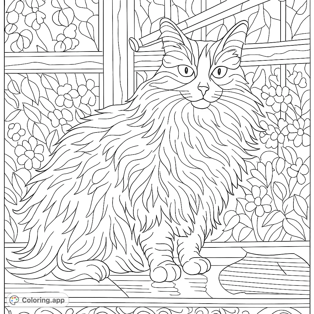 A majestic fluffy cat sits by a window, surrounded by intricate floral patterns, offering a delightful and detailed coloring experience.