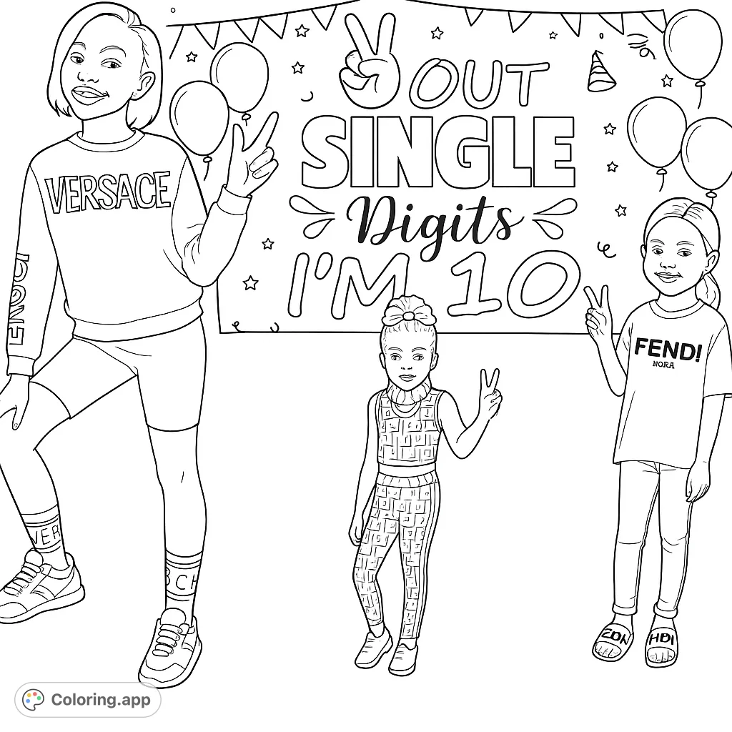 Celebrate a 10th birthday with three stylish girls, balloons, and a fun banner. A free printable fashion birthday coloring page for kids!
