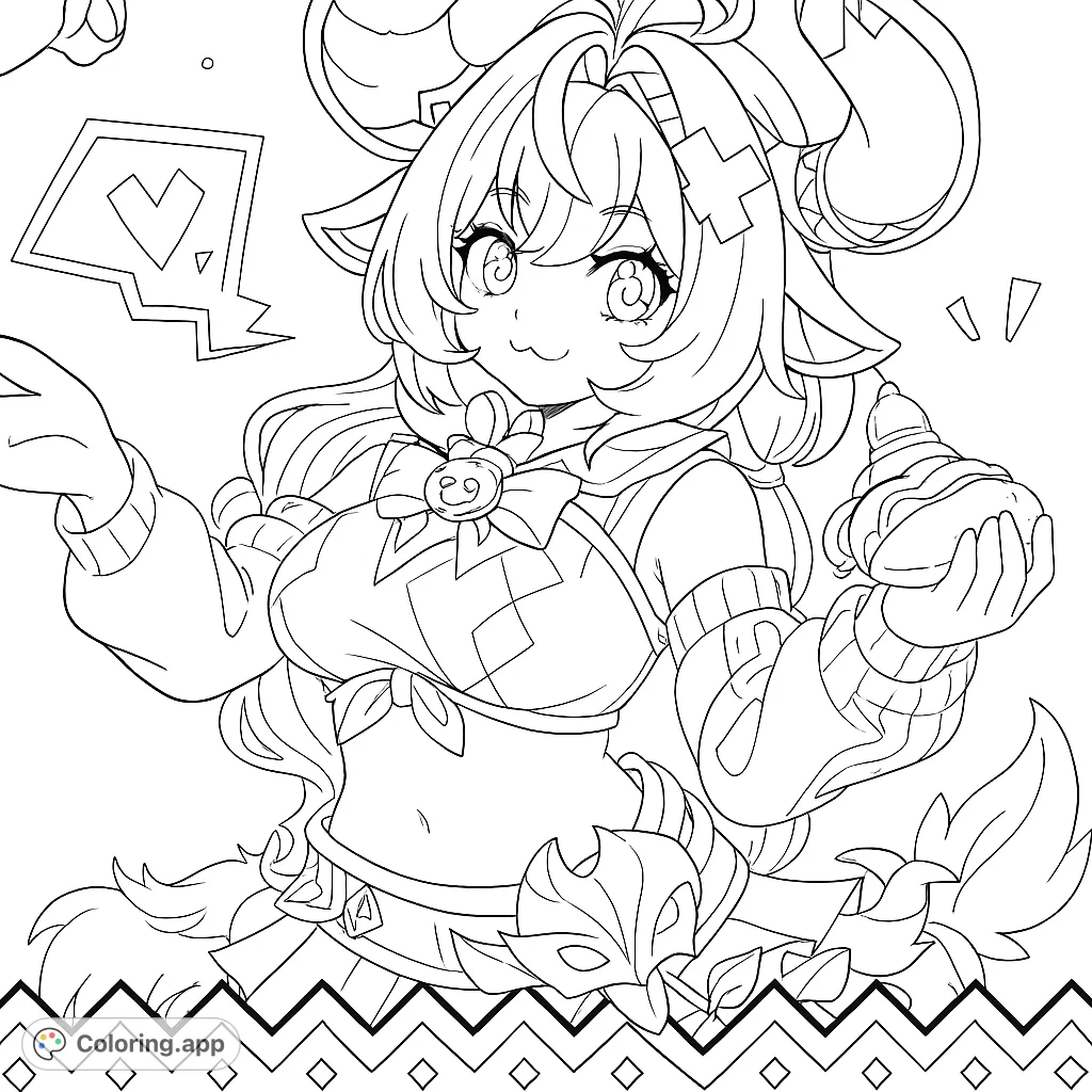 Color this cute Genshin Impact character, Kirara! This coloring page features a fun, stylized design that's great for fans of the game.