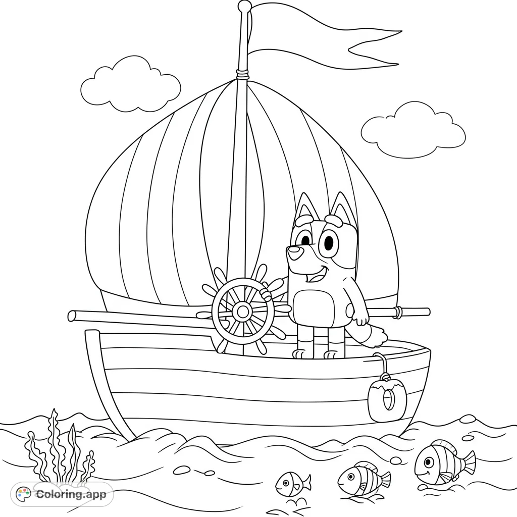 Join Bluey on a delightful sailboat adventure! This free printable coloring page features Bluey at the helm, sailing with fish and clouds.