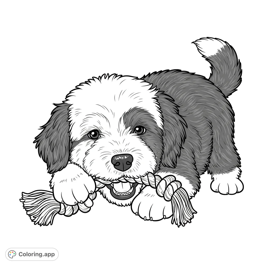 Adorable Old English Sheepdog puppy happily chewing a rope toy. Fun, detailed black and white line art for kids and adults to color.