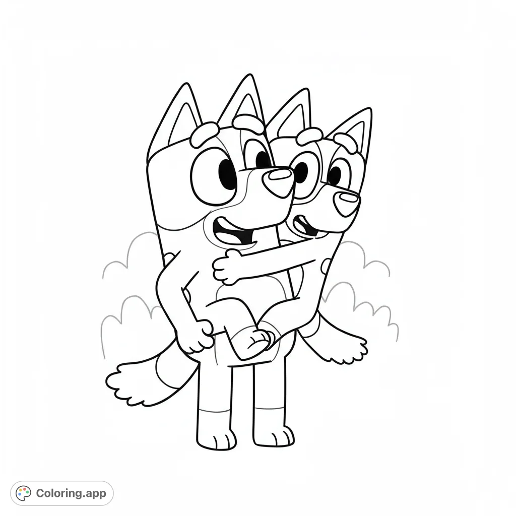 Bandit Heeler gives Bluey a piggyback ride! A fun, easy-to-color line drawing featuring the beloved cartoon dogs.