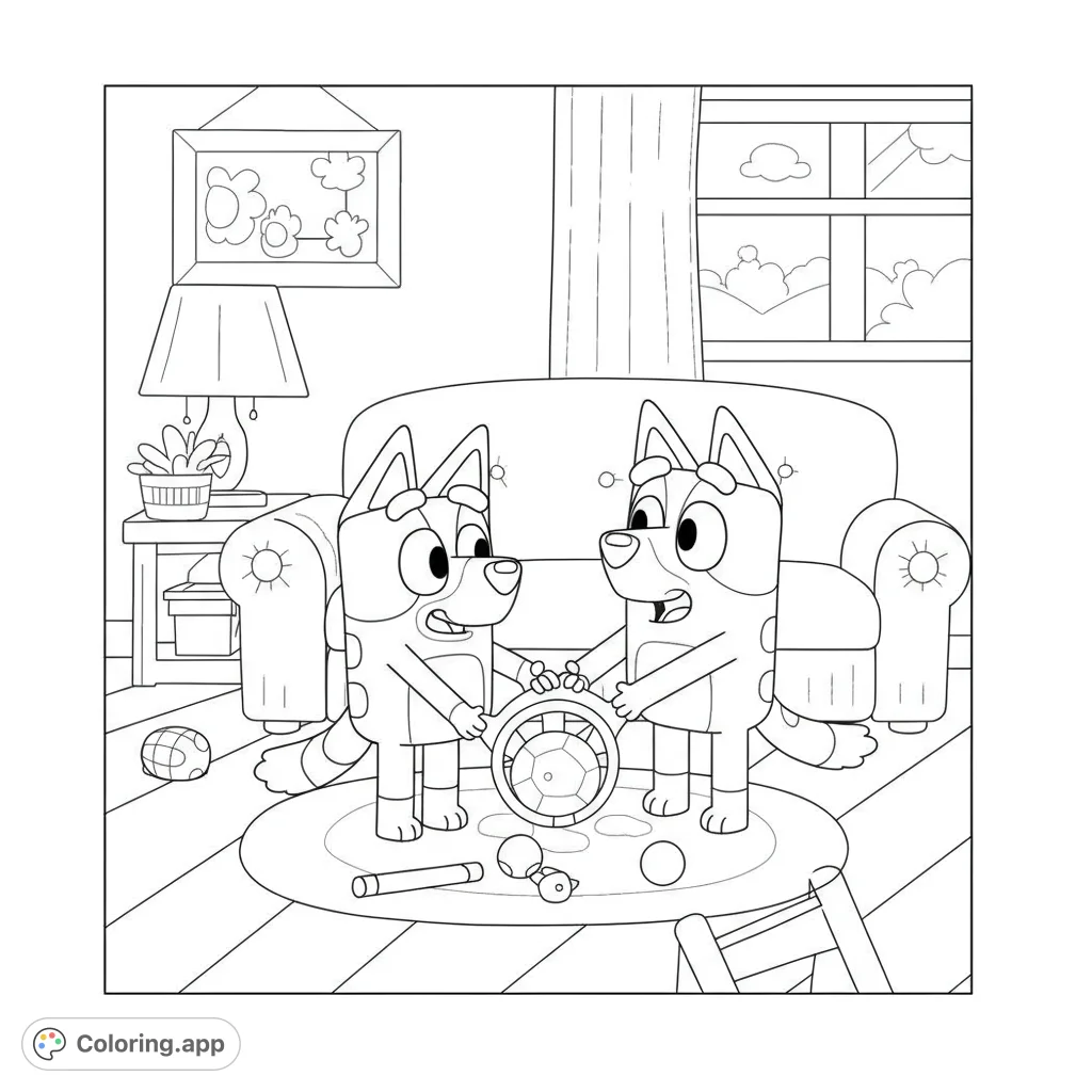 Bluey and Bingo play Keepy Uppy in this fun coloring page! Featuring clean lines and open spaces, perfect for young kids to color.