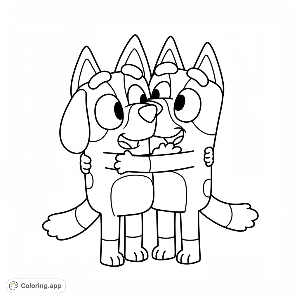 Bluey hugs Floppy! A heartwarming black and white line art coloring page.