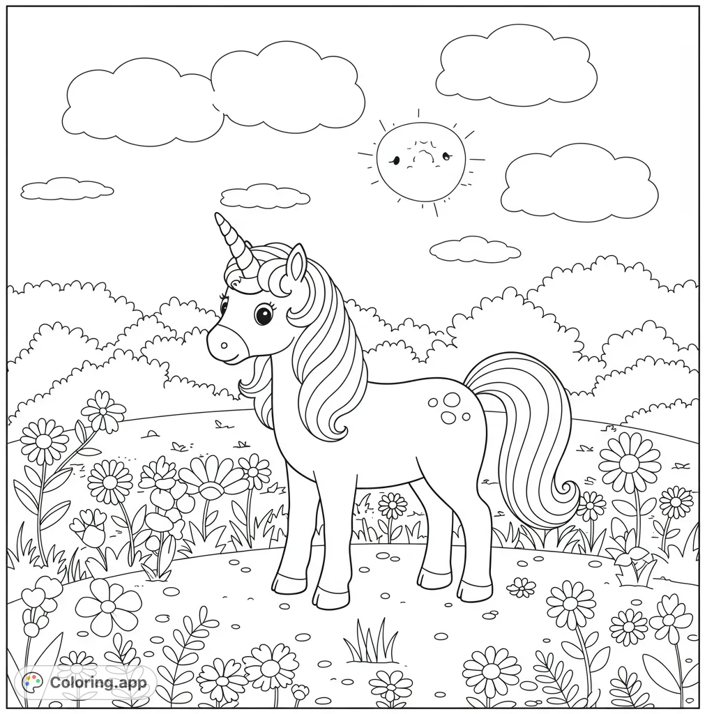 Adorable unicorn in a flower field! Easy-to-color line art with bold outlines and open spaces.