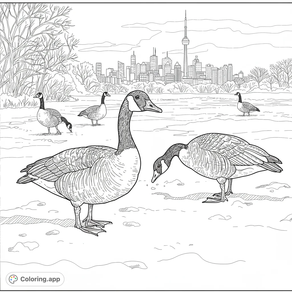 Canadian geese graze in a snowy field near Toronto. This detailed black and white line art coloring page features winter scenery with open spaces for easy coloring.